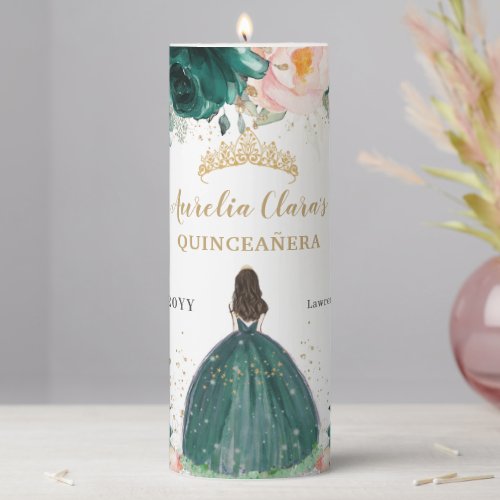 Emerald Blush Floral Tiara Quinceaera Birthday Pillar Candle