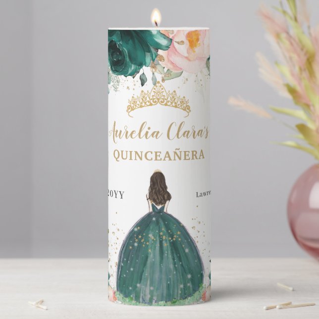 Emerald Blush Floral Tiara Quinceañera Birthday Pillar Candle (In Situ)