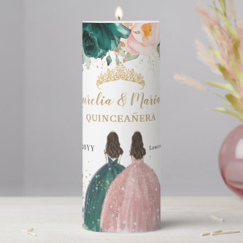 Emerald Blush Floral Tiara Quinceaera Twins Pillar Candle