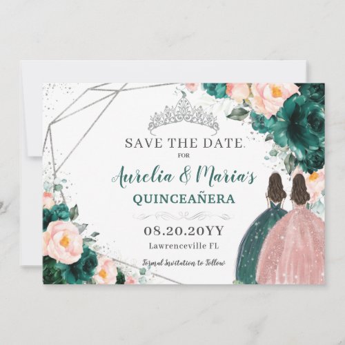 Emerald Blush Floral Twins Quinceanera Sweet 16 Save The Date