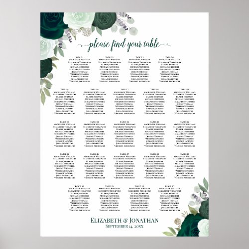 Emerald Boho Floral 23 Table Wedding Seating Chart