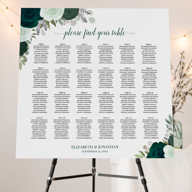 Emerald Boho Floral 24 Table Wedding Seating Chart Foam Board (In Situ (Stand))