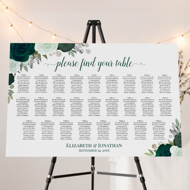 Emerald Boho Floral 26 Table Wedding Seating Chart Foam Board (In Situ (Stand))