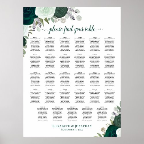 Emerald Boho Floral 29 Table Wedding Seating Chart