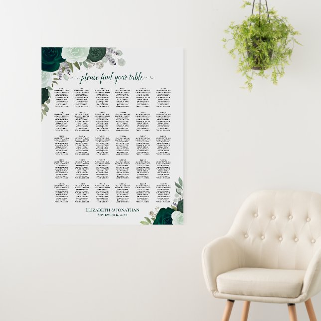 Emerald Boho Floral 30 Table Wedding Seating Chart Foam Board (In Situ (Wall))