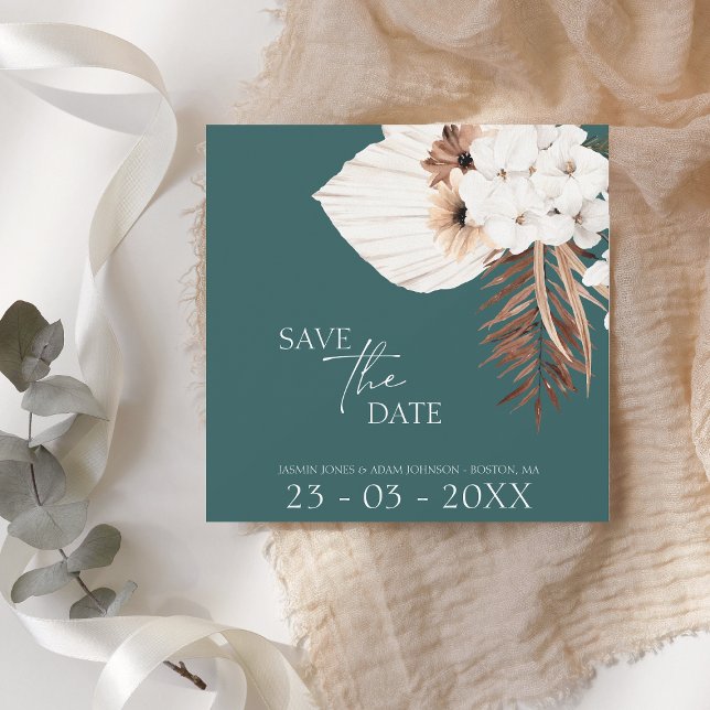 Emerald Boho Pampas Grass White Floral Save The Date (Creator Uploaded)