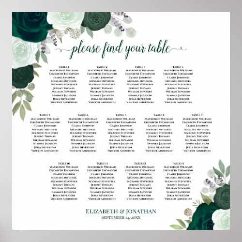 Emerald Boho Roses 13 Table Wedding Seating Chart