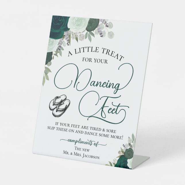 Emerald Boho Roses Dancing Feet Flip Flop Wedding  Pedestal Sign (Front)