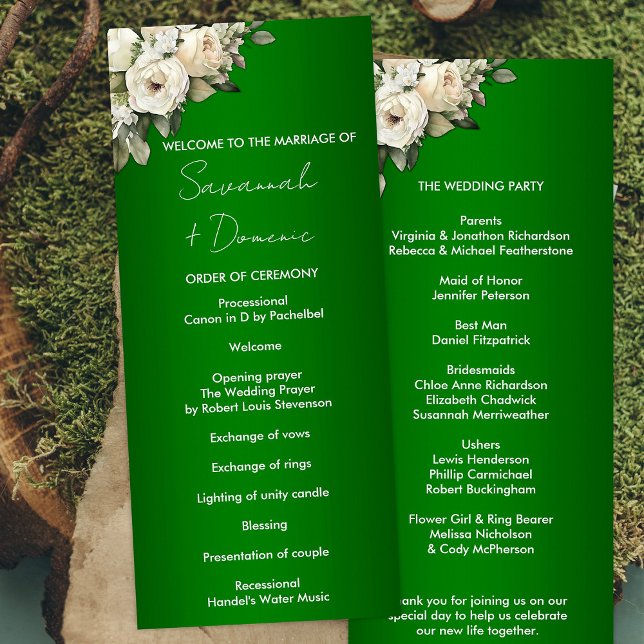 Emerald Boho White Roses Wedding Program (Creator Uploaded)