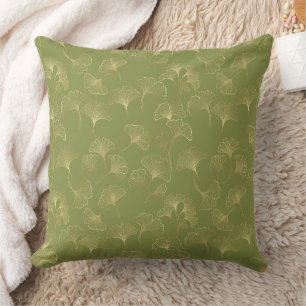 Emerald Botanical Gold Ginkgo Leaf Luxury Pattern Throw Pillow