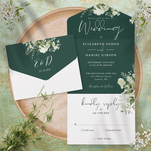 Emerald Botanical Greenery Monogram Wedding All In One Invitation