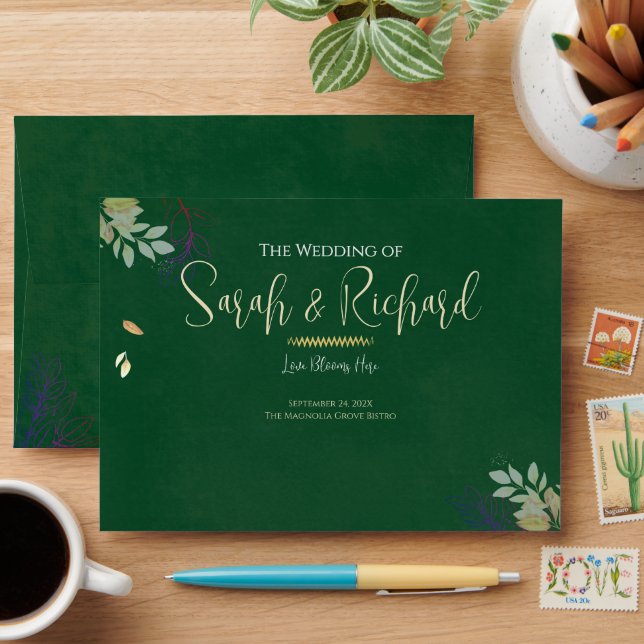 Emerald Botanical Velvet Luxury Wedding Envelope (Desk)