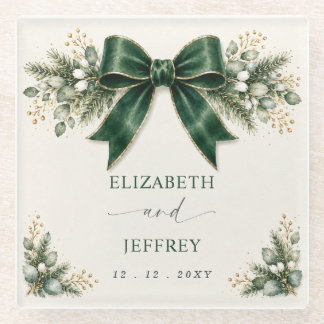 Emerald Bow Botanical Floral Winter Wedding Glass Coaster