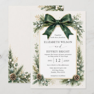 Emerald Bow Botanical Floral Winter Wedding Invitation