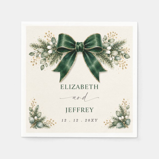 Emerald Bow Botanical Floral Winter Wedding Napkins (Front)