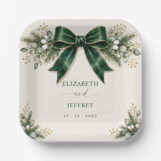 Emerald Bow Botanical Floral Winter Wedding Paper Plates