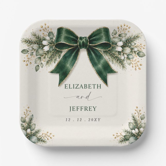 Emerald Bow Botanical Floral Winter Wedding Paper Plates (Front)