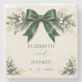 Emerald Bow Botanical Floral Winter Wedding Stone Coaster