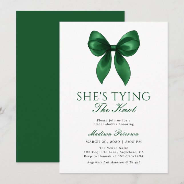 Emerald Bow She's Tying the Knot Bridal Shower Invitation (Front/Back)