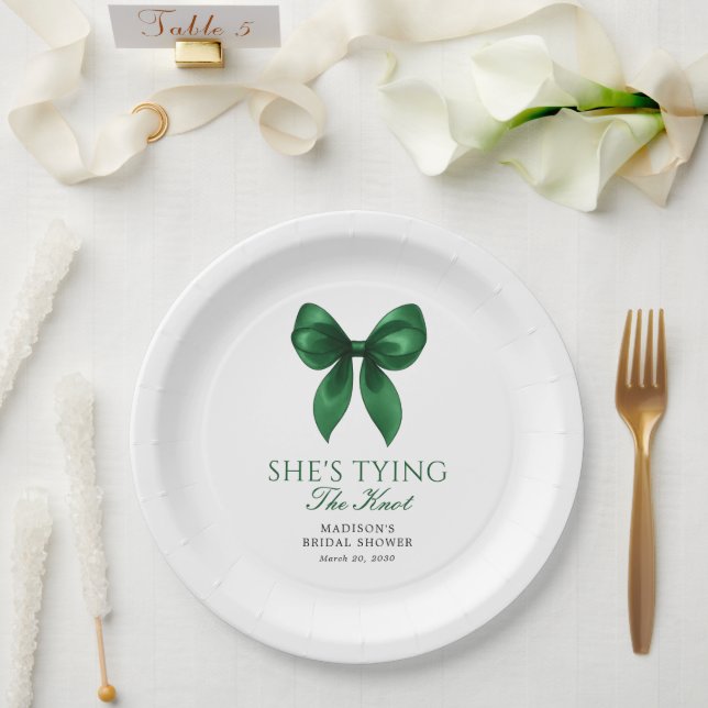 Emerald Bow She's Tying the Knot Bridal Shower Paper Plates (Wedding)