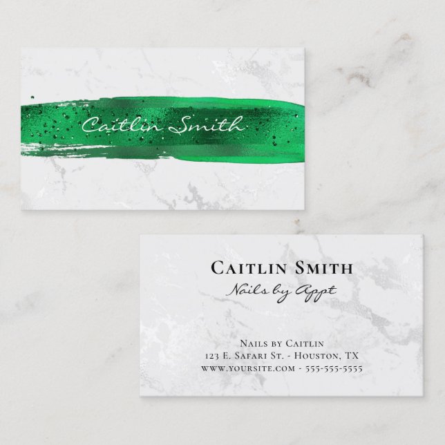 Emerald Brush Stroke Silver White Foil Marble Business Card (Front/Back)