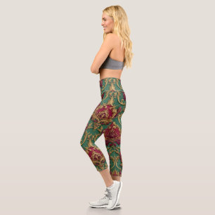Emerald Burgundy Baroque Damask Capri Leggings