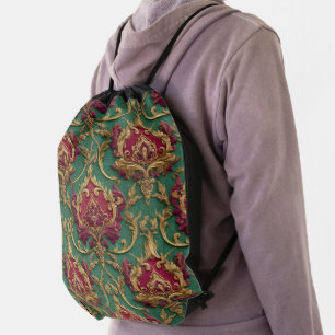Emerald Burgundy Baroque Damask Drawstring Bag