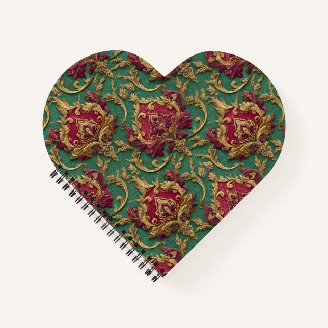Emerald Burgundy Baroque Damask Notebook (Front)