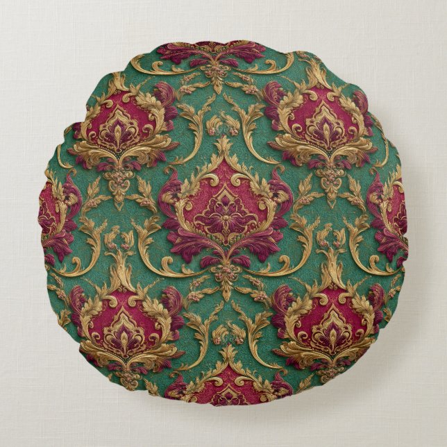 Emerald Burgundy Baroque Damask Round Pillow (Front)