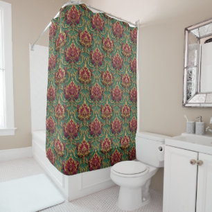 Emerald Burgundy Baroque Damask Shower Curtain
