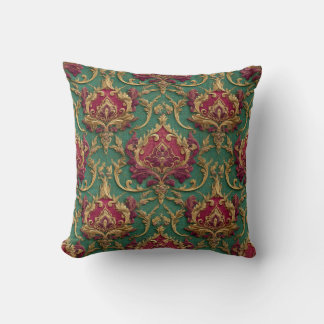 Emerald Burgundy Baroque Damask Throw Pillow