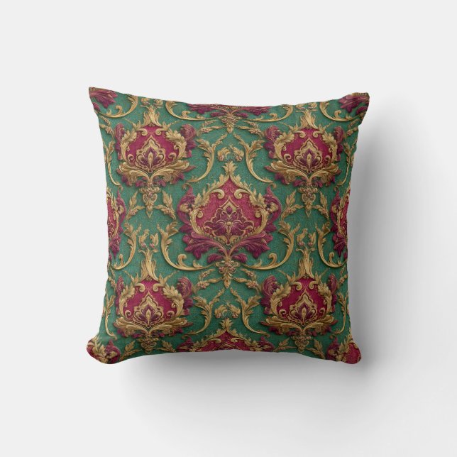 Emerald Burgundy Baroque Damask Throw Pillow (Front)
