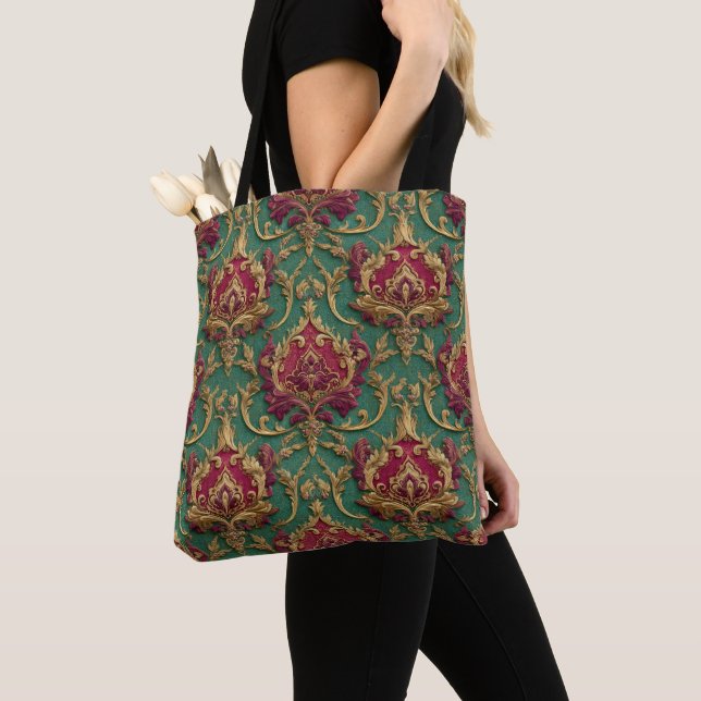 Emerald Burgundy Baroque Damask Tote Bag (Close Up)