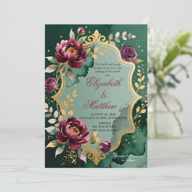 Emerald Burgundy Floral Glitter Wedding Invitation (Standing Front)