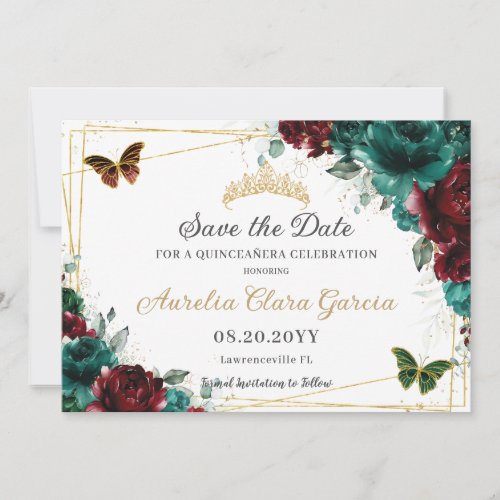 Emerald Burgundy Floral Quinceaera Sweet Sixteen  Save The Date