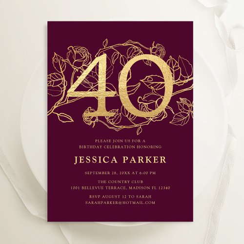 Emerald Burgundy Gold Elegant 40th Birthday Invitation