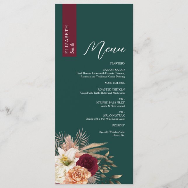 Emerald Burgundy Wedding Menu with Name (Front)