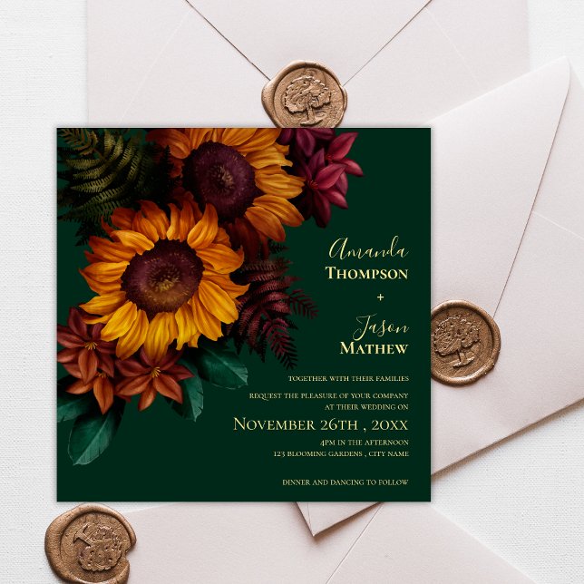 Emerald & Burnt Orange Sunflower Floral Wedding Invitation (Emerald & Burnt Orange Sunflower Floral Wedding Invitation)