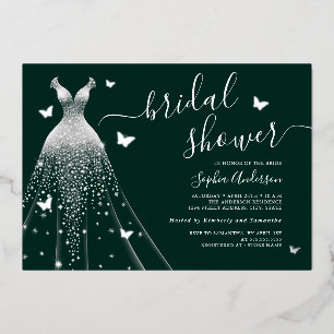 Emerald Butterfly Sparkle Dress Bridal Shower Foil Invitation