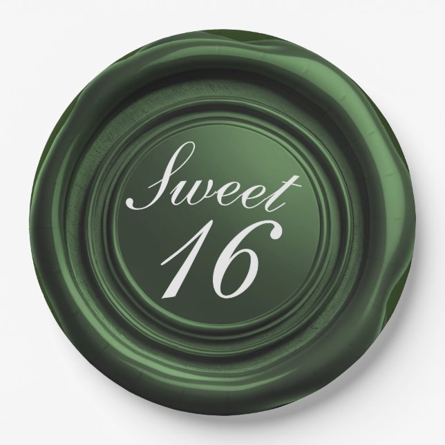 Emerald Candle Wax Seal Drip Sweet 16 Wedding Paper Plates (Front)