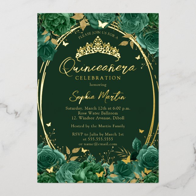 Emerald Captivating Floral Butterfly Quinceanera Foil Invitation (Front)