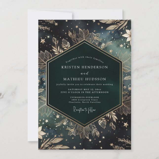Emerald Celestial Flora Wedding Invitation (Front)