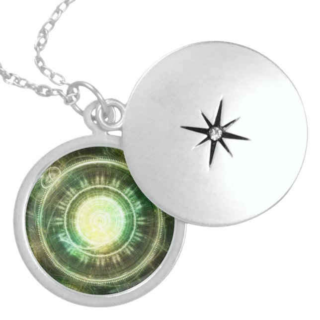 Emerald Chaos Clock, Steampunk Spellshaper Fractal Locket Necklace (Front)