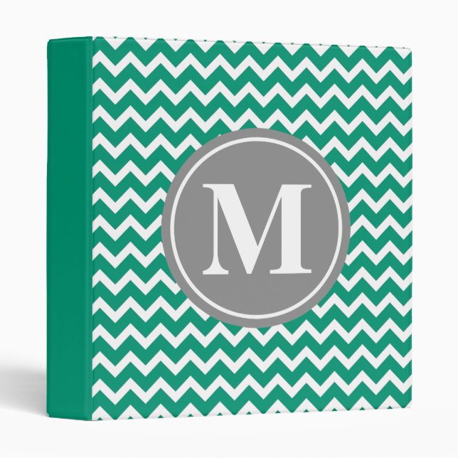 Emerald Chevron Pattern Grey Monogram 3 Ring Binder (Front/Spine)