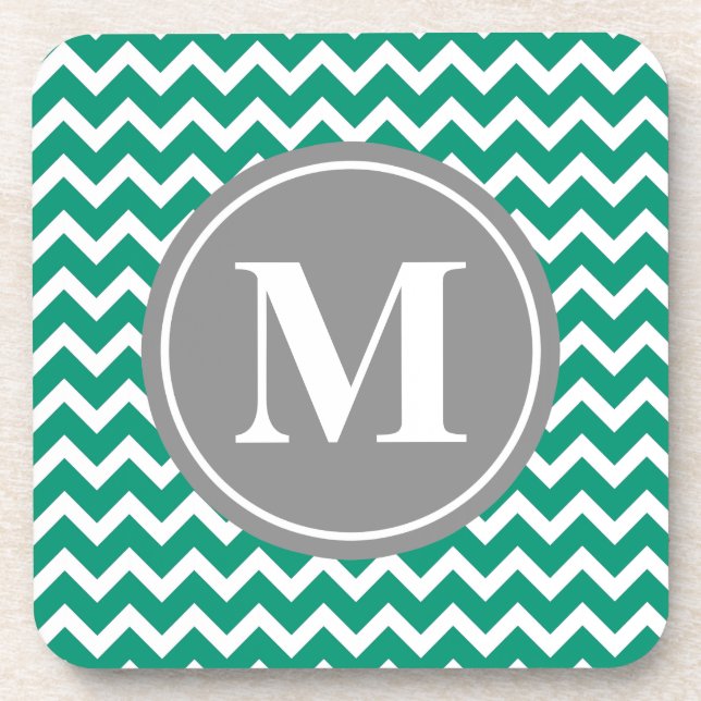 Emerald Chevron Pattern Grey Monogram Beverage Coaster (Front)