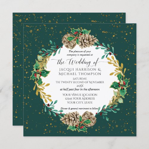 Emerald Christmas Watercolor Gold Pine Cone Wreath Invitation