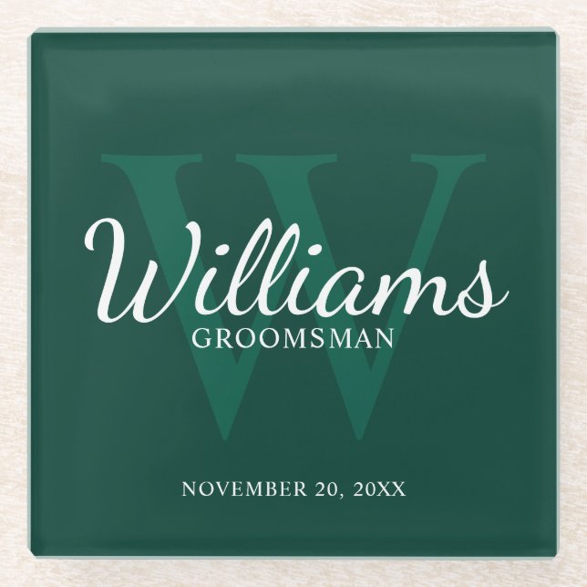 Emerald Classic Script Personalized Groomsmen Glass Coaster (Front)