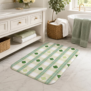 Emerald Clover Plaid Charming Green Shamrock Bathroom Mat