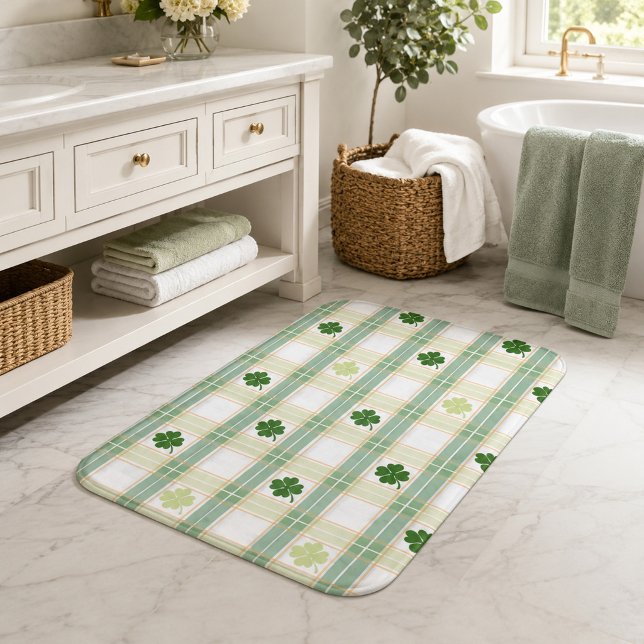 Emerald Clover Plaid Charming Green Shamrock Bathroom Mat (Creator Uploaded)
