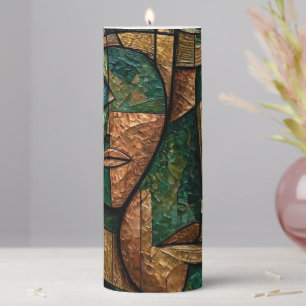 Emerald Copper Gold Cubist Triple Faces Pillar Candle